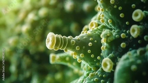 Microscopic view of glandular trichomes on plant surface showing bulbous stalks and spherical cells involved in essential oil secretion
