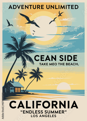 This picturesque image of Ocean Side captures a tranquil beach scene under a vibrant sunset, featuring palm trees and a cozy beach house, embodying California’s charm.
