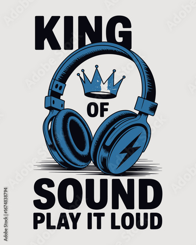 This striking design features a pair of headphones decorated with a crown, embodying the charisma and passion associated with being the 'King of Sound' in music culture.