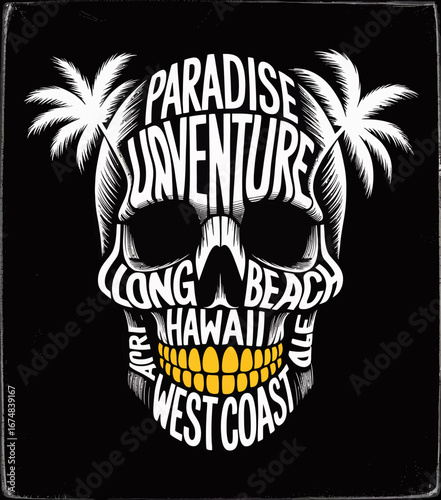 This vibrant design showcases a skull filled with tropical elements, incorporating surf culture and a beach vibe, ideal for adventure enthusiasts and summer lovers.