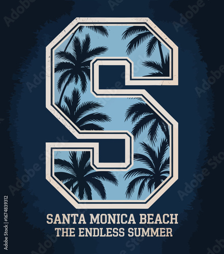 This design captures the laid-back California beach vibe with a stylized letter S, surrounded by palm trees, evoking feelings of summer, relaxation, and coastal living.