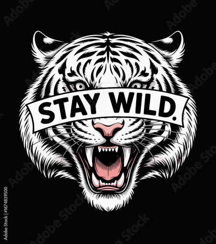 This striking image features a fierce white tiger with a bold 'STAY WILD' banner, capturing the spirit of untamed nature and powerful wildlife in an eye-catching design.