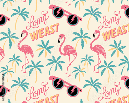 This whimsical pattern showcases flamingos wearing sunglasses, capturing a quirky and fun narrative that embodies the essence of carefree coastal living and summer vibes.