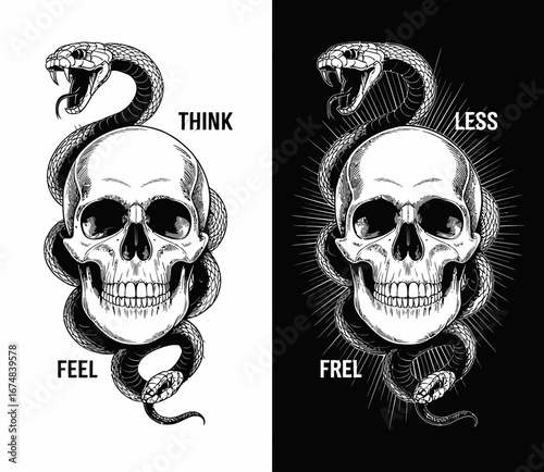 An elegant black and white design featuring a snake entwined around a skull, representing the balance of thought and feeling, perfect for those who appreciate distinctive art styles.