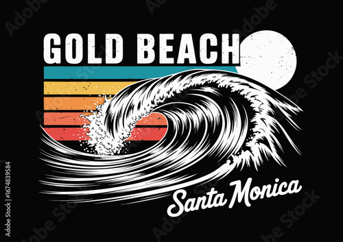 A powerful wave illustration paired with bold stripes and the sun, capturing the essence of Santa Monica's beach life, appealing to surf culture enthusiasts.
