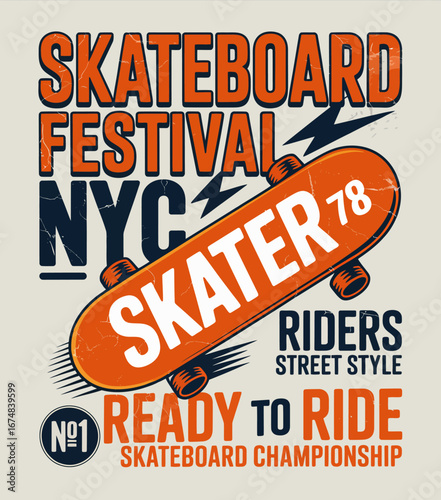 This unique design captures the essence of the Skater 78 festival, highlighting the celebration of skateboarding culture through a bold and colorful graphic approach.
