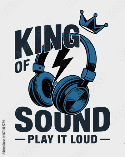 This captivating design features stylish headphones adorned with a crown, symbolizing the reign of sound and the vibrant culture surrounding music lovers, ready to play it loud.