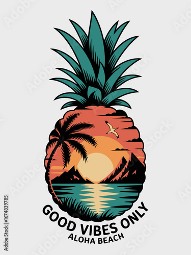 Featuring a stylish pineapple with a serene beach sunset inside, this artwork aims to inspire good vibes and a connection to nature and upbeat beach lifestyles.