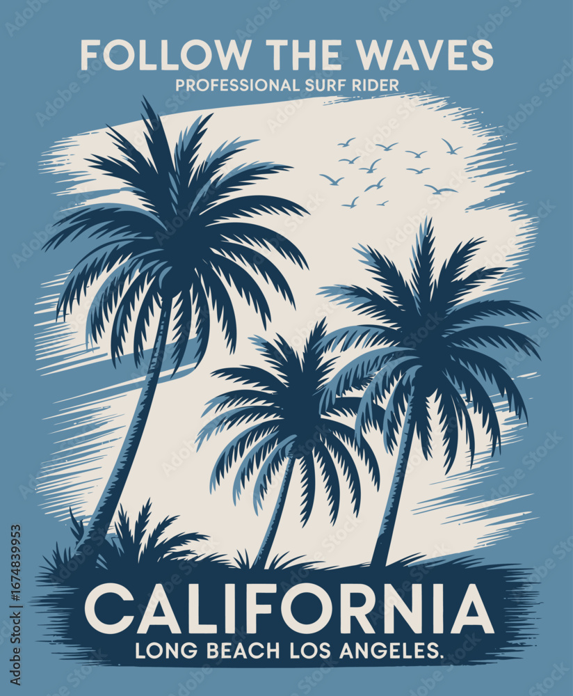Fototapeta premium This illustration showcases stylized palm trees and gentle waves, invoking a peaceful and relaxing atmosphere associated with the California coast lifestyle and surf culture.