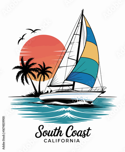 A beautifully illustrated sailboat sails through sparkling waters against a vibrant sunset backdrop in South Coast California, showcasing serenity and a spirit of adventure.