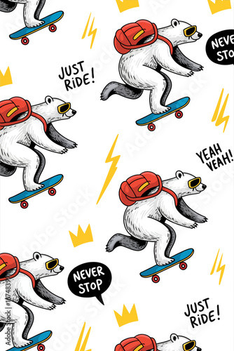 A fun and energetic illustration of a skateboarding polar bear with sunglasses and a backpack, capturing the essence of youth culture and adventure in a playful manner.