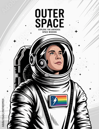 In this compelling portrait, a human astronaut gazes into the cosmos, embodying the essence of exploration and unity, highlighted by a vibrant backdrop of celestial elements.