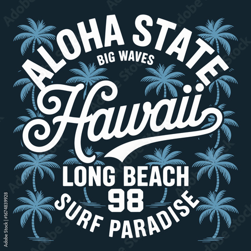 This vibrant image celebrates Hawaii's surf culture with bold typography and palm trees, highlighting a sense of adventure and relaxation associated with beach life.