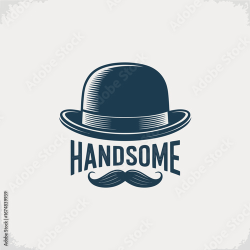 An elegant representation featuring the word 'Handsome' with a simplistic bowler hat and a mustache, ideal for a variety of personal and commercial uses.