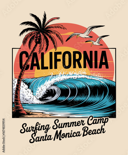 Experience the thrill of Santa Monica Beach with this colorful illustration showcasing ocean waves and palm trees. A perfect representation of summer fun and surfing culture.