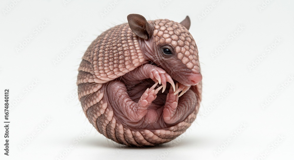 Obraz premium Adorable baby armadillo curls tightly into perfect ball against soft light. AI Generated