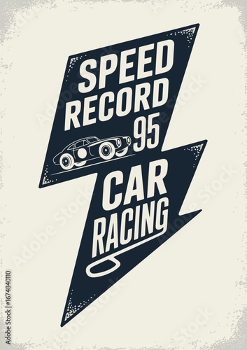 A bold design showcasing a racing car and lightning bolt, capturing the essence of speed and competition, ideal for sports and automotive branding or merchandise.