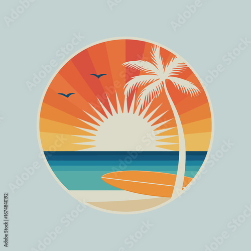 A stunning graphic of a vibrant sunset casting warm hues over the ocean, featuring a silhouette of a palm tree and a surfboard, encapsulating the essence of summer joy.