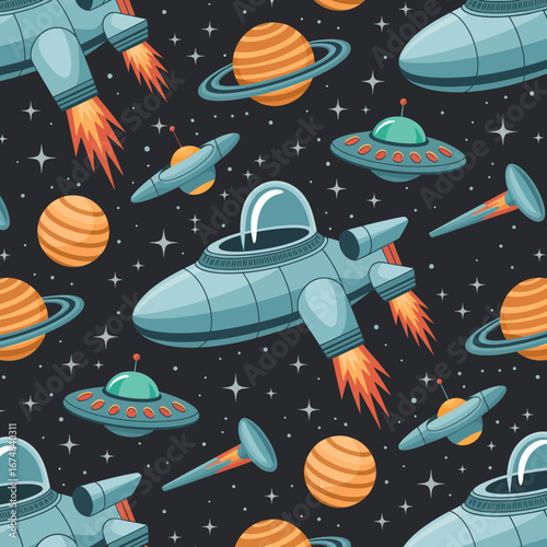A vibrant pattern featuring various spaceships, planets, and stars that evoke a sense of adventure and exploration in a colorful and whimsical outer space theme.