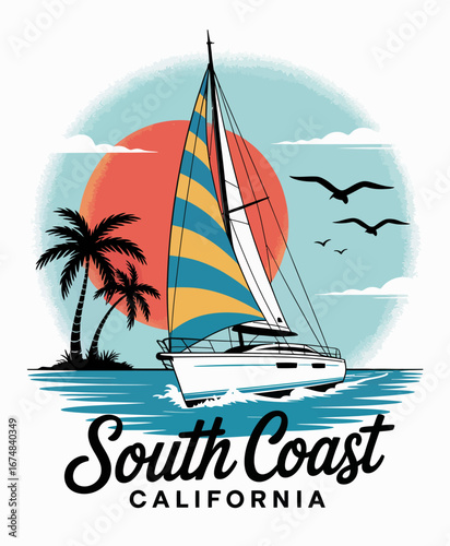 An inviting and colorful illustration of a sailboat moving gracefully across a peaceful sea at sunset, complemented by palm trees conveying relaxation and adventure.