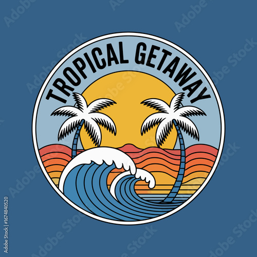 A stylized tropical scene depicting palm trees and a sun above ocean waves, ideal for evoking feelings of warmth, chill vibes, and a carefree lifestyle amidst nature's beauty.