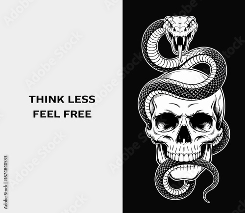 A captivating skull image wrapped with a snake, presenting a minimalistic dual-tone design, emphasizing the concept of thinking less while feeling a sense of freedom.