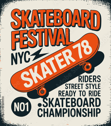 This engaging graphic art represents the vibrant skateboard festival, highlighting street style, joyful skating experiences, and the Kater 78 theme within urban culture.