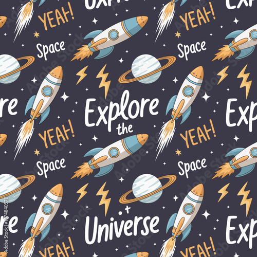This vibrant pattern features playful rockets, planets, and lightning bolts in a whimsical design, perfect for children's products or space-themed decorations.