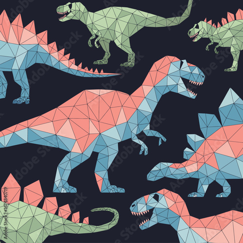 A lively design featuring an array of polygonal dinosaurs in bright colors, capturing the essence of the Jurassic period in an artistic and engaging pattern for enthusiasts of all ages.