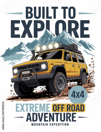 A dynamic illustration of a rugged yellow 4x4 vehicle, capturing the essence of off-road adventure amidst breathtaking mountain scenery and a thrilling exploration spirit.