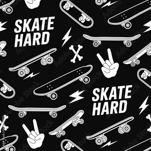 A captivating pattern filled with skateboards and symbols of rebellion, perfectly representing the high-energy atmosphere and culture of skateboarding in black and white.