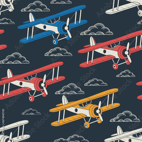 This illustration features vibrant biplanes in red, blue, yellow, and white soaring through stylized clouds against a deep navy background, evoking a playful sense of adventure and nostalgia.