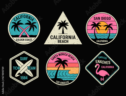 This artistic representation highlights the beauty of California beaches, featuring iconic elements like palms, waves, and sunsets, a perfect nostalgic beach-themed badge for surf fans.