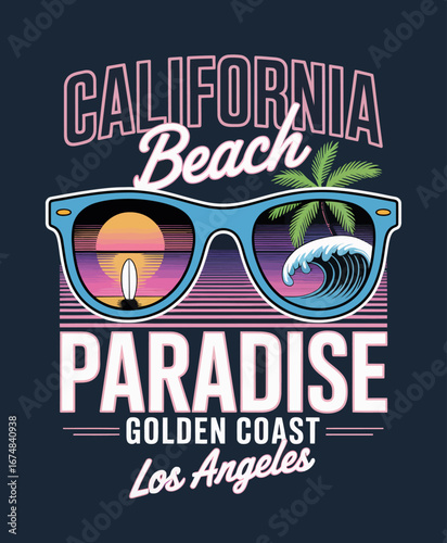 A trendy illustration featuring sunglasses with a beach scene portraying a paradise ambiance, capturing the essence of California's golden coast lifestyle and relaxation.