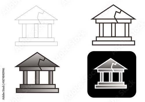 Vector icon set showing a broken bank building, representing economic recession, financial disaster, and the failure of monetary institutions