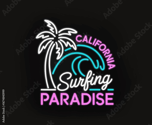 This neon light artwork symbolizes a perfect surfing paradise featuring palm trees and dynamic waves, making it an ideal addition to beach-themed interiors or promotional materials.