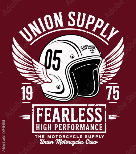 An artistic design featuring a motorcycle helmet with elegant wings, highlighting daring themes of freedom, rebellion, and the high performance of the motorcycle lifestyle.