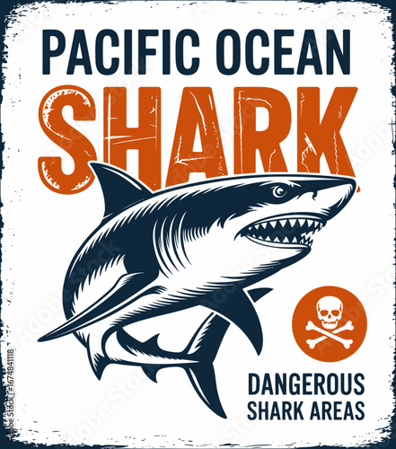 This image showcases a shark warning sign, focusing on dangerous areas in the Pacific Ocean. It's a vivid reminder of ocean safety and marine awareness for beachgoers.
