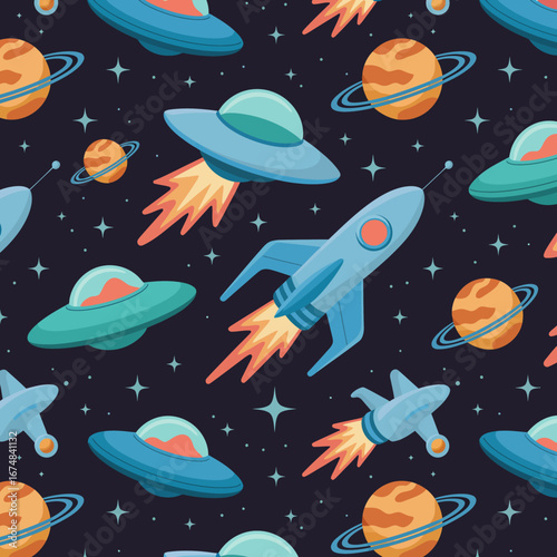 A cheerful collage of rockets and UFOs soaring through a tapestry of planets and stars, expressing joy and imagination in a delightful outer space scene.