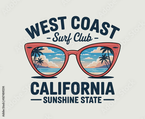 This illustration showcases vibrant sunglasses capturing a stunning beach landscape, embodying the carefree spirit of California and its surf culture.