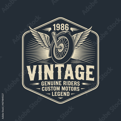 Featuring a creatively designed wheel, this vintage logo embodies the passion for custom motors and the adventurous spirit of riding, harking back to the year 1986.