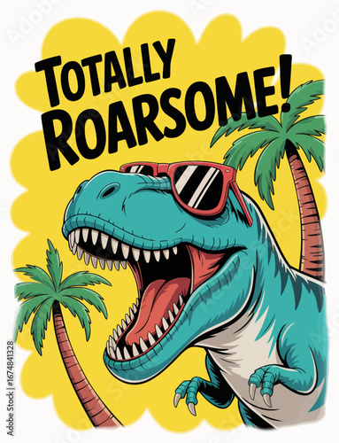 A vibrant illustration of a T-Rex wearing sunglasses, surrounded by tropical palm trees, capturing a fun and playful summer beach vibe perfect for children's decor.
