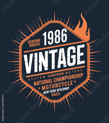 A visually captivating design showcasing the 1986 Custom Motors National Championship at New York Speedway, highlighting the spirit of vintage motorcycle racing.