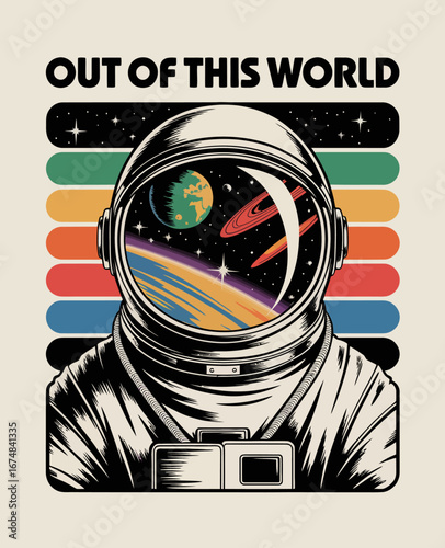 An astronaut’s visor reflects a fascinating cosmic landscape, featuring vibrant planets and a diverse range of colors, illustrating the beauty of space exploration.