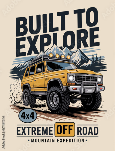 A vintage-inspired illustration showcasing a sturdy yellow 4x4 vehicle, designed for extreme off-road adventures, set against a stunning mountain backdrop that inspires exploration.