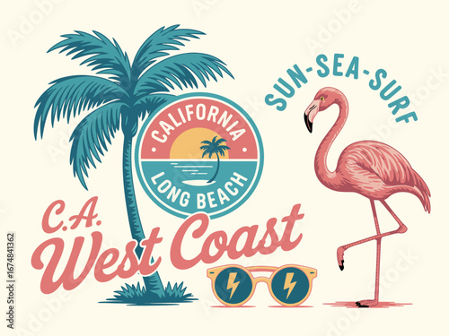 A lively illustration showcasing a palm tree and a flamingo, perfectly reflecting the essence of California's sunny beach lifestyle and vibrant West Coast culture.