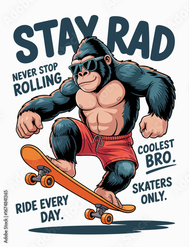 This eye-catching image showcases a rad gorilla engaging in skateboarding, exuding confidence and style in a colorful environment made for skating enthusiasts.