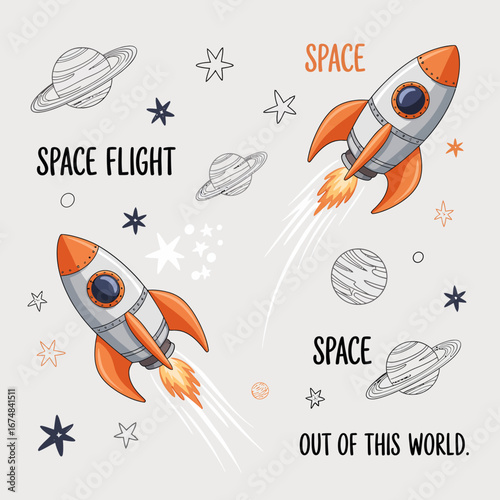 A playful and colorful illustration of rockets launching into space, surrounded by planets and stars, capturing the wonder and excitement of space exploration for all ages.