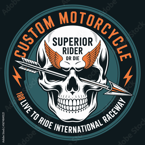 A bold graphic featuring a skull with wings and arrows, capturing the essence of motorcycle culture and the idea of superior riding and adventurous living.