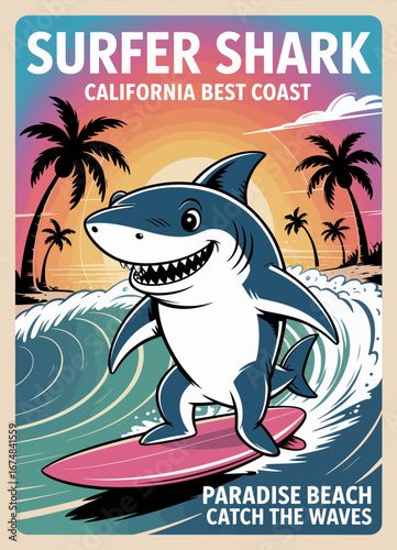 This illustration displays a cheerful surfer shark riding the waves at sunset, embracing beach culture and joyful times at Paradise Beach along California's coast.